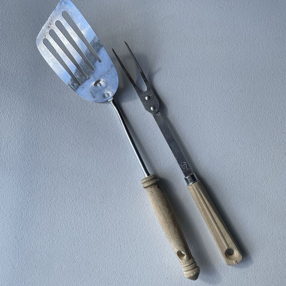 Vintage Ekco Slotted Spatula Turner Carving Fork Stainless Steel Wood USA Made